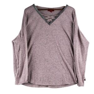 Jennifer Lopez Womens 1X Criss Cross Embellished V Neck Long Sleeve Heather Top